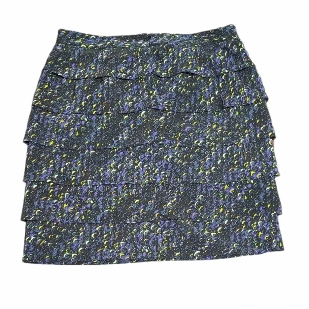 Tory Burch Silk Tiered‎ Ruffle Mini Skirt Abstract Print Purple Yellow Size 8